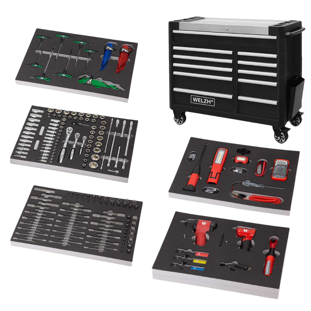 WELZH WERKZEUG XL Verktygsvagn med 5 verktygsmoduler, totalt 11 lådor tryckluft och elverktyg